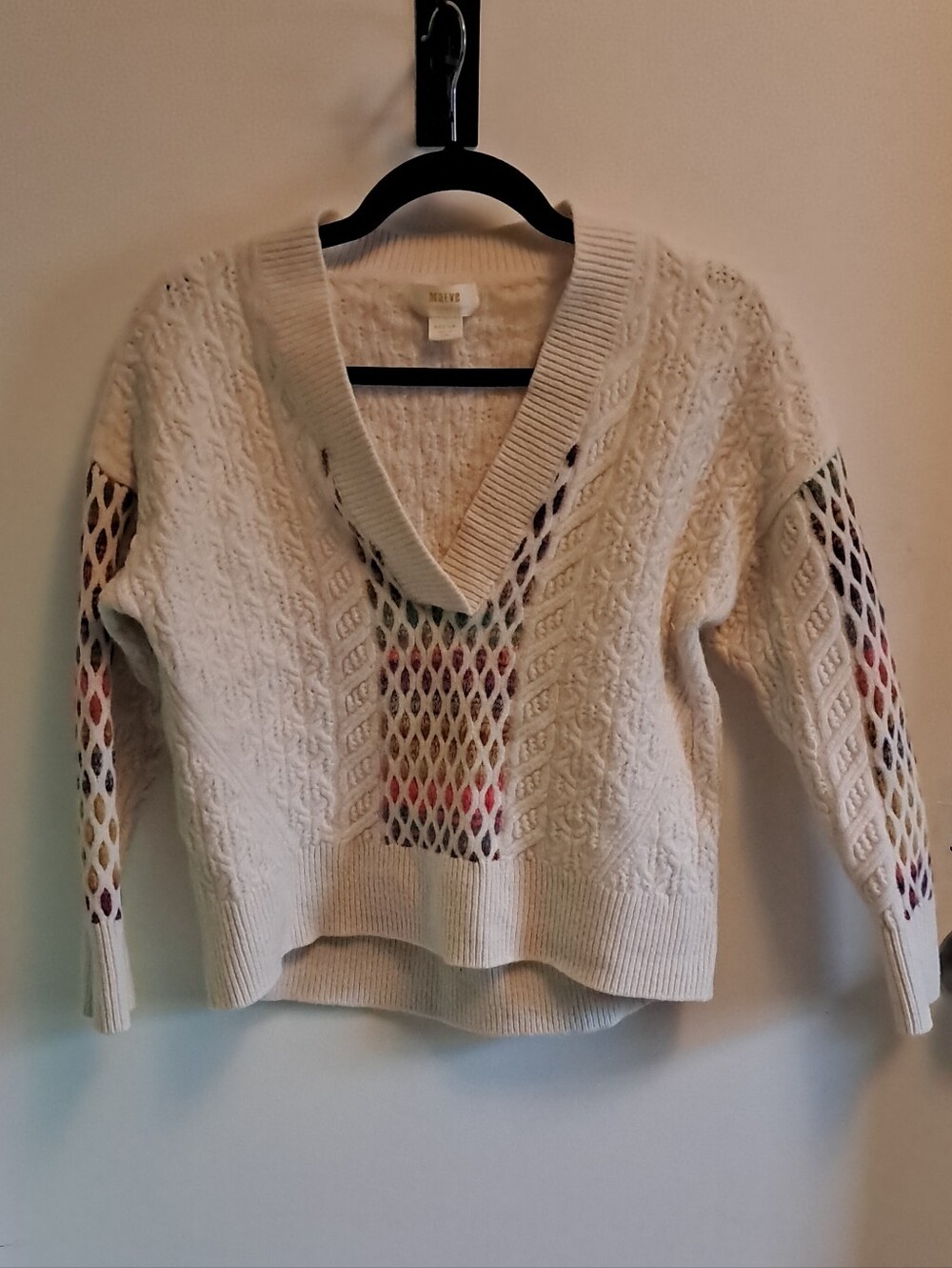 Antropologie MaeveCream Cable Knit V-Neck Sweater with Multicolor Insets